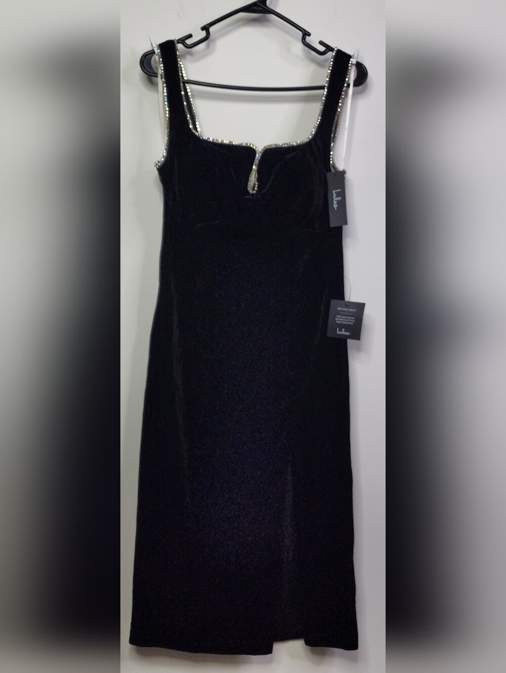 Posh Sparkle Black Velvet Rhinestone Notched Midi Dress, Large